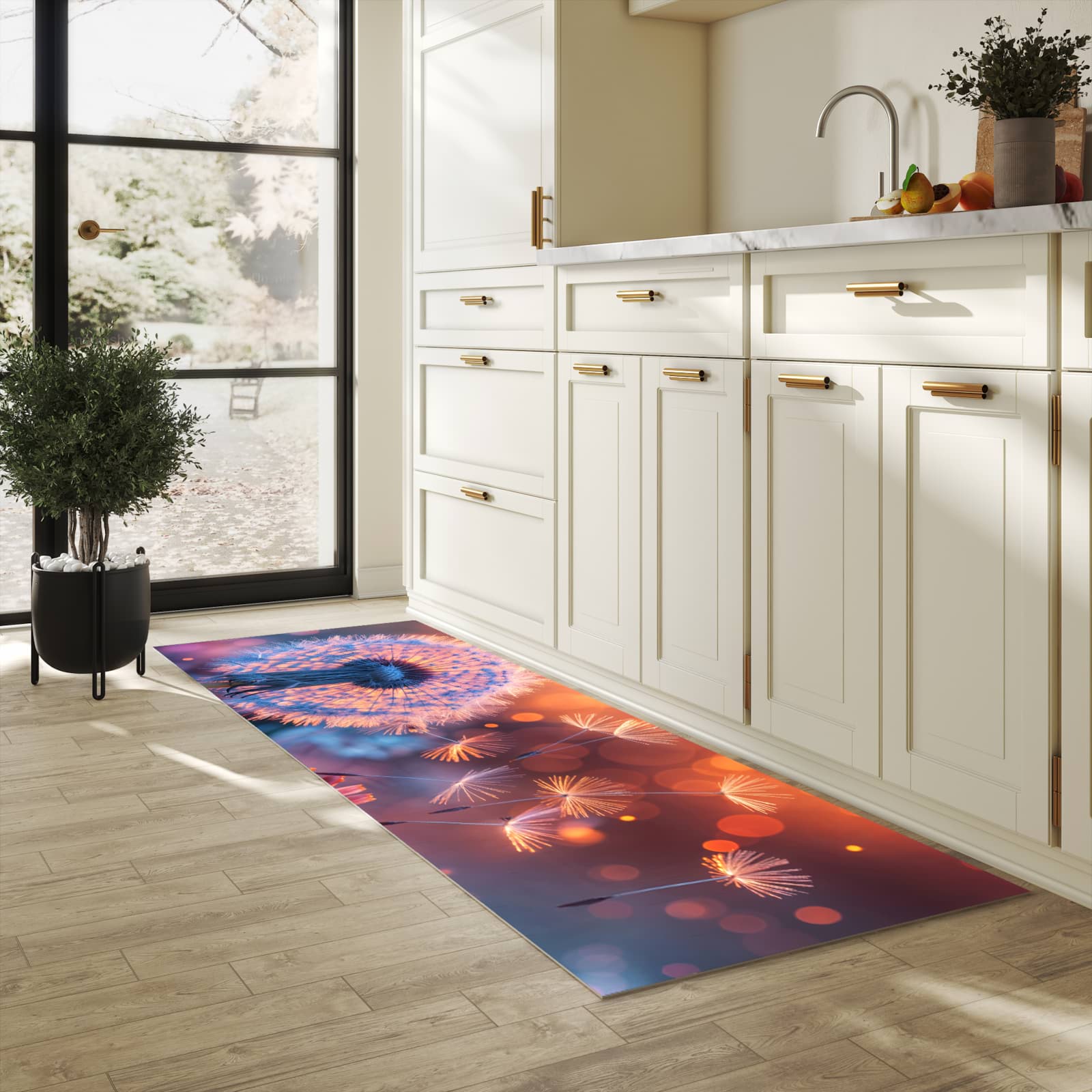 Rutschhemmender dünner Teppich mit Motiv Pusteblumenglühen in heller Küche