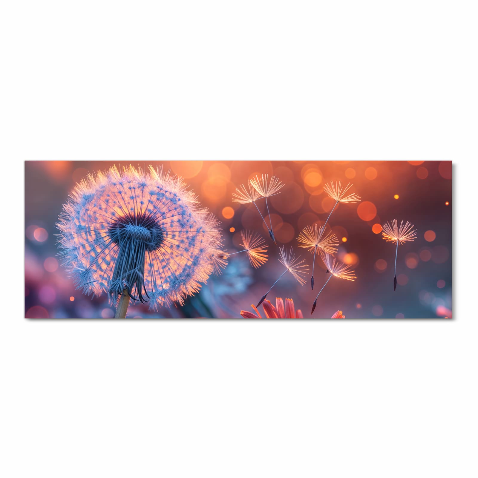 Waschbarer dünner Küchenteppich mit Motiv Pusteblumenglühen in Frontansicht für Ordnung