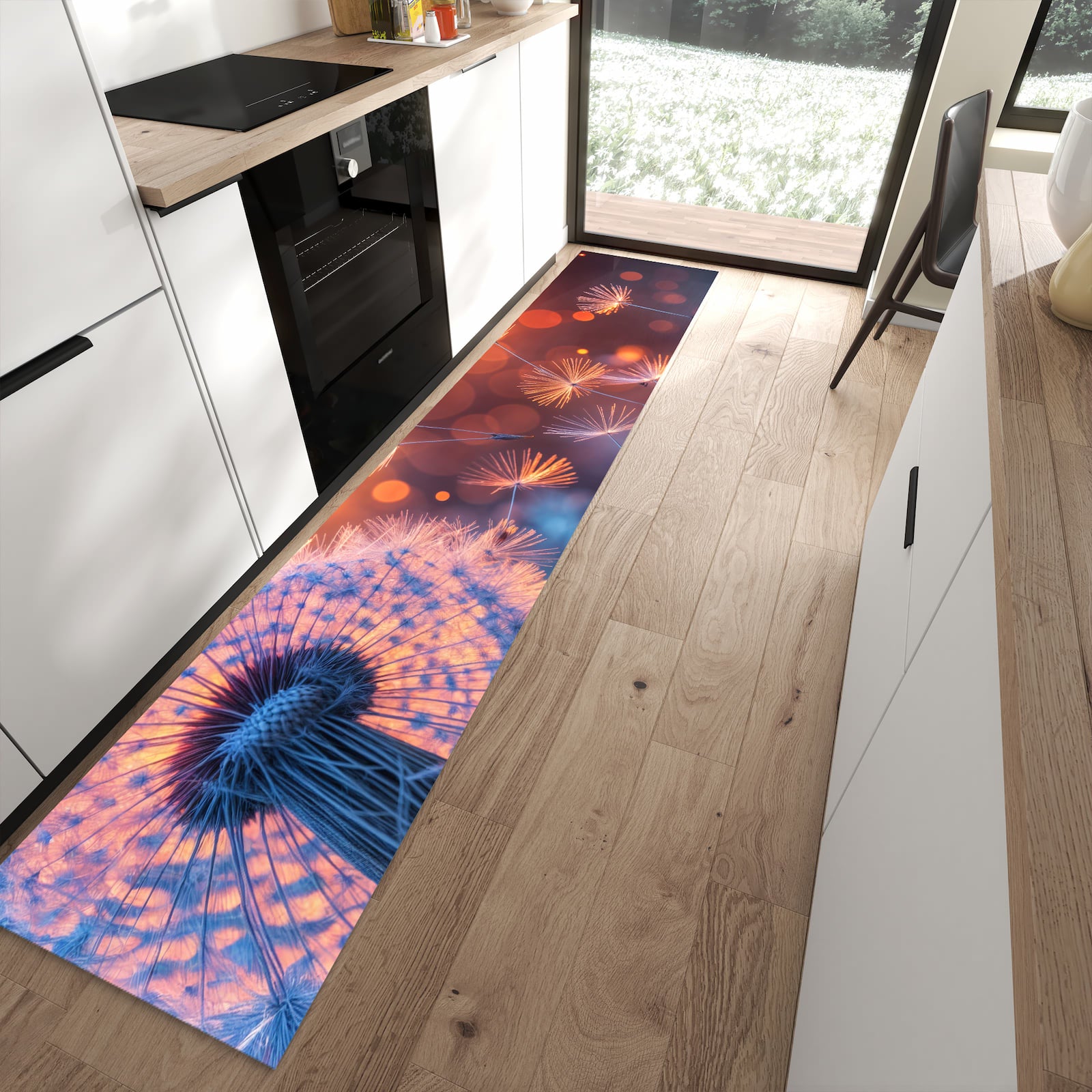 Geräuschdämpfender abwaschbarer Küchenläufer mit Motiv Pusteblumenglühen in moderner Küche