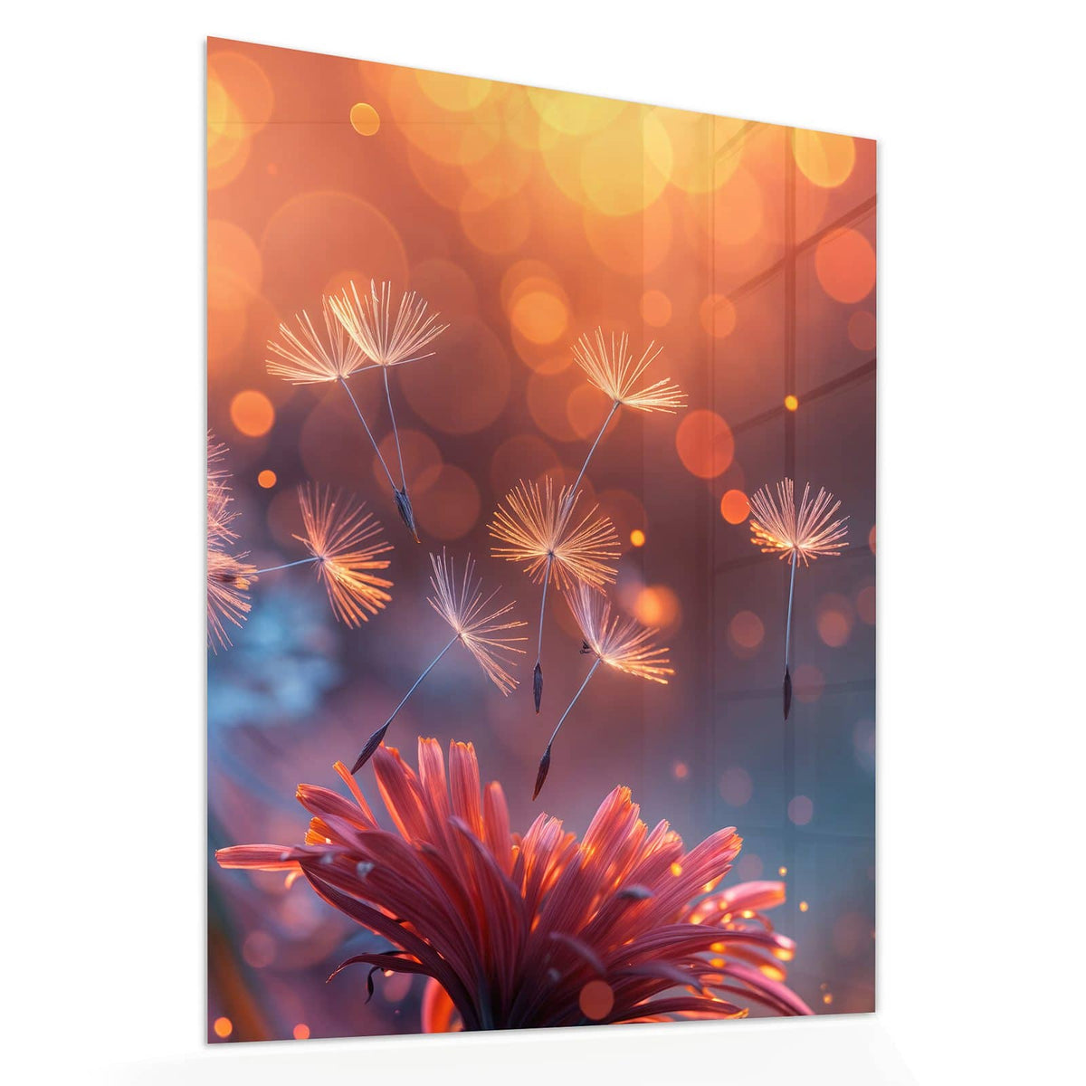 Echtglas, 4 mm – kein Acryl, keine Folie – Wandbild - Glühende Pusteblume - Hochformat