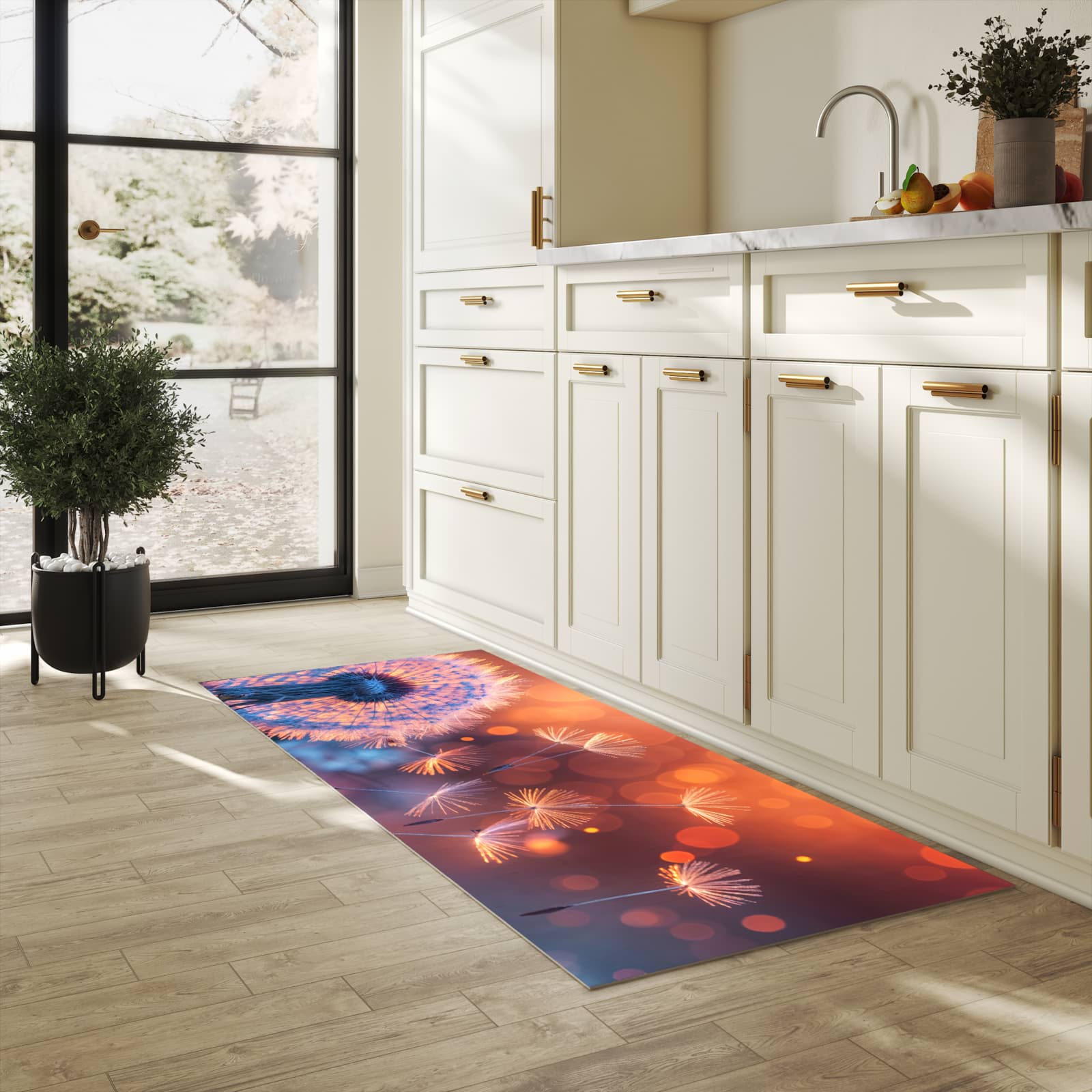Komfortabler Läufer mit Motiv Pusteblumenglühen in heller Küche für rutschfesten Stand