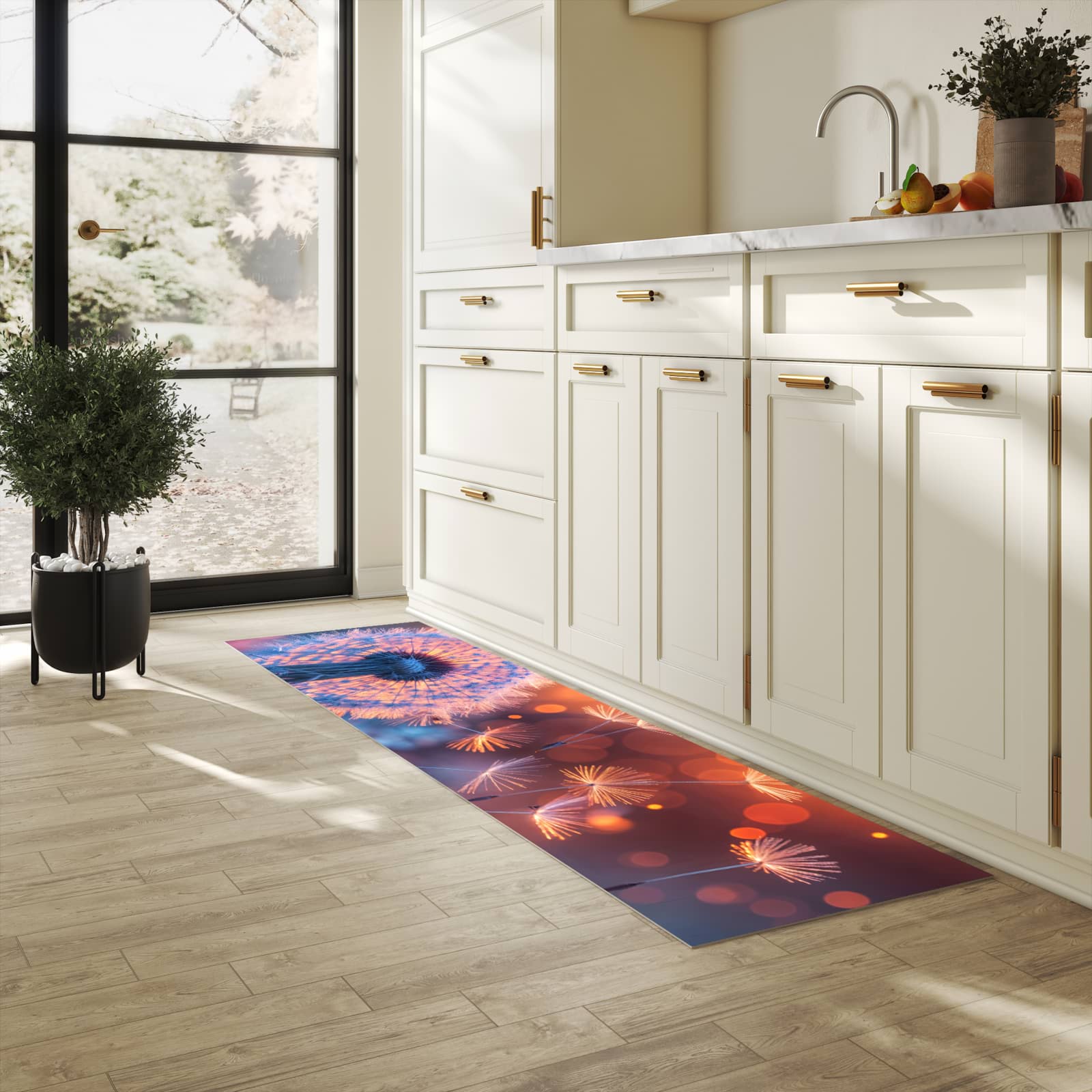 Geruchsneutraler waschbarer Läufer für die Küche mit Motiv Pusteblumenglühen in heller Küche