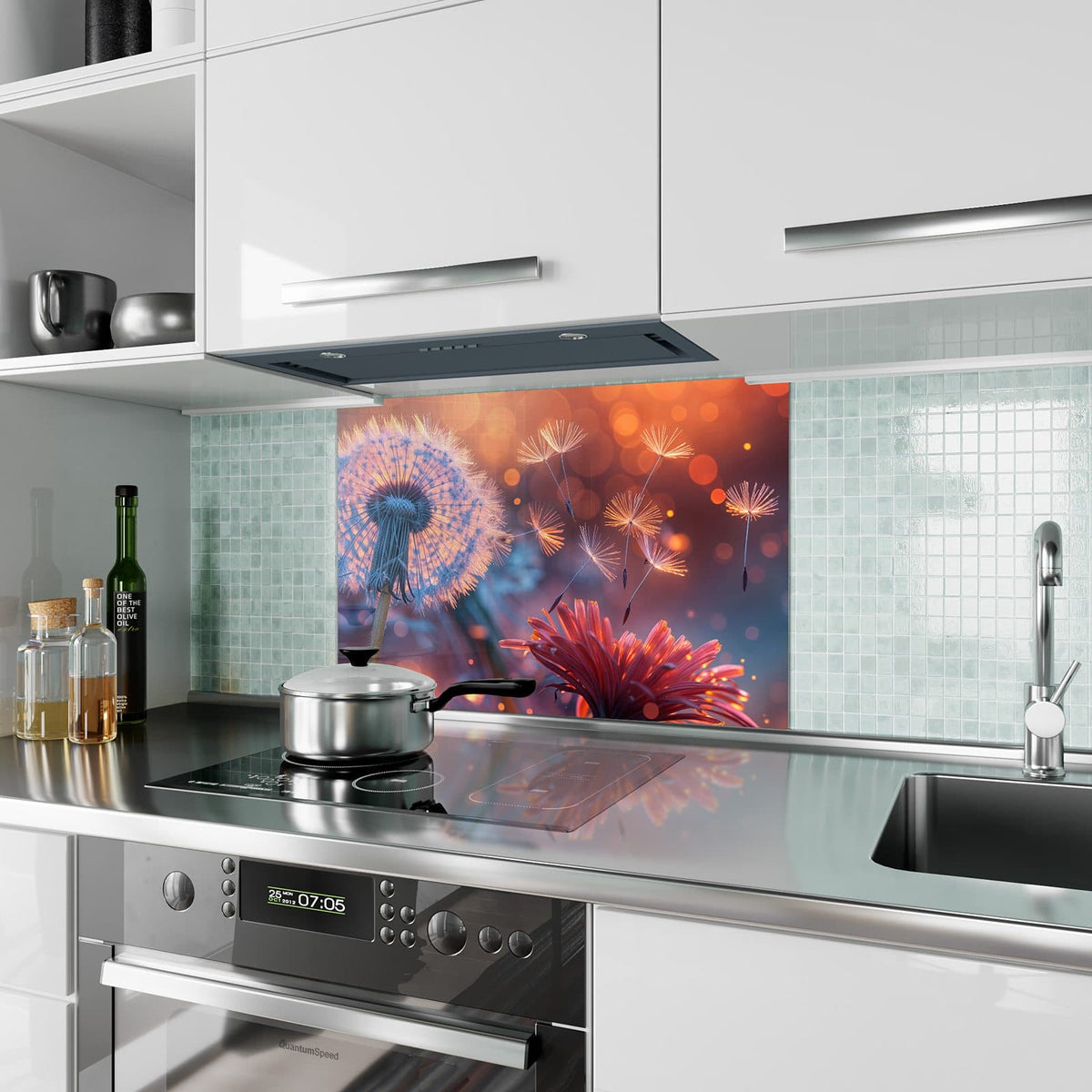 Küchenrückwand aus Glas Glühende Pusteblume im Hochformat als Spritzschutz hinter dem Kochfeld, über dem Fliesenspiegel montiert