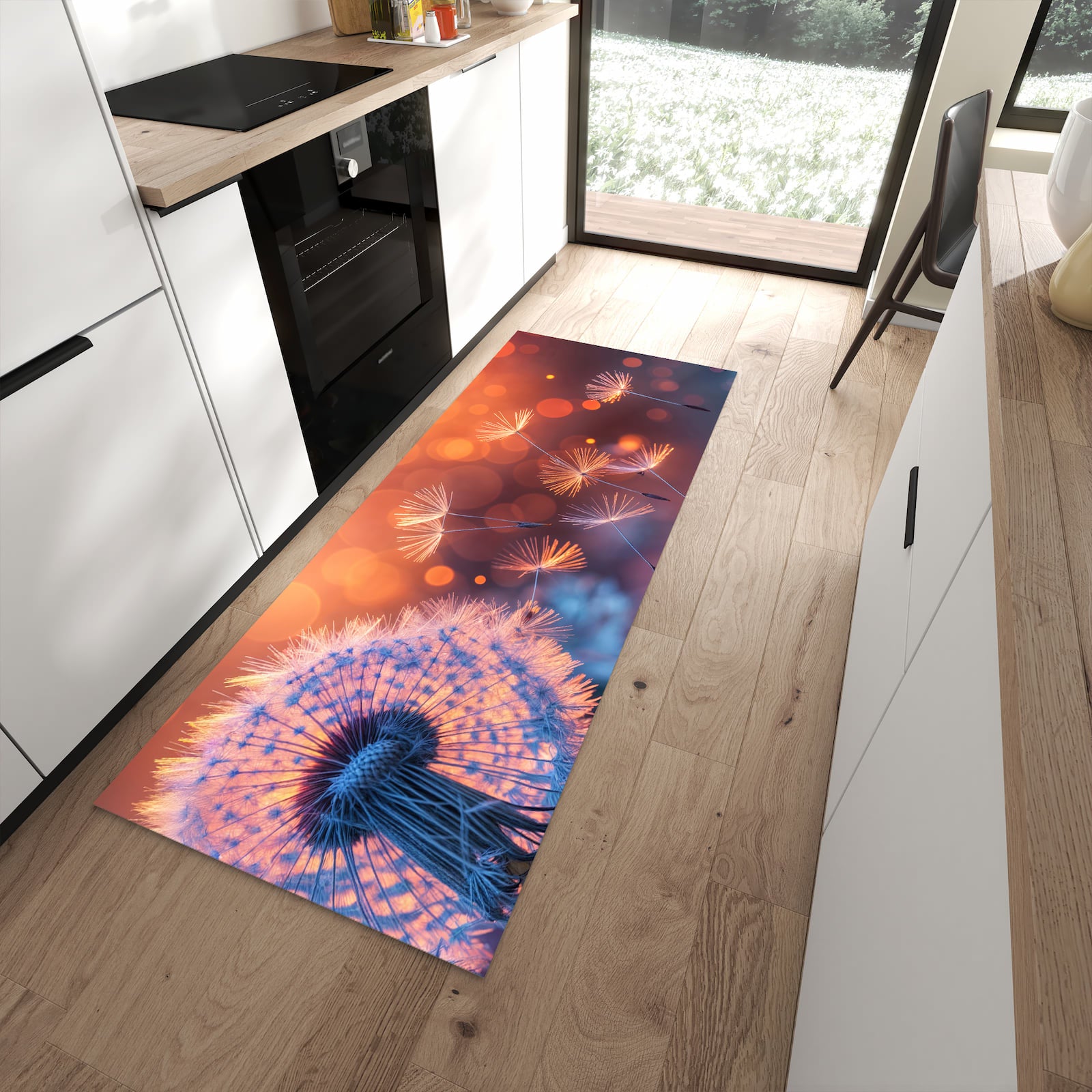 UV-beständiger Küchenteppich mit Motiv Pusteblumenglühen in moderner Küche