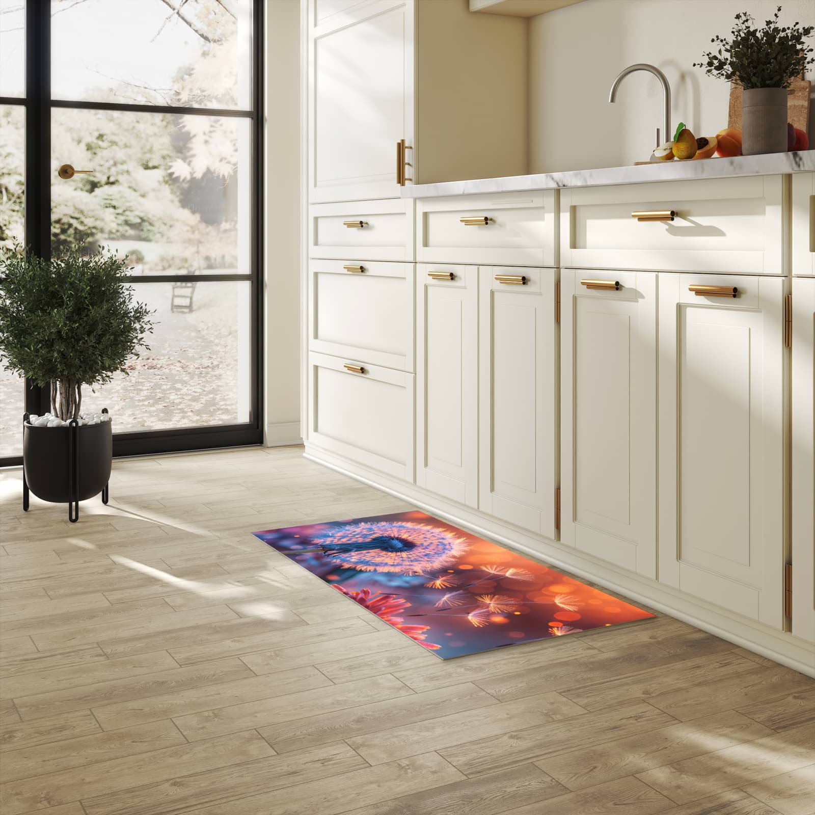Wasserabweisender Küchenläufer mit Motiv Pusteblumenglühen in heller Küche