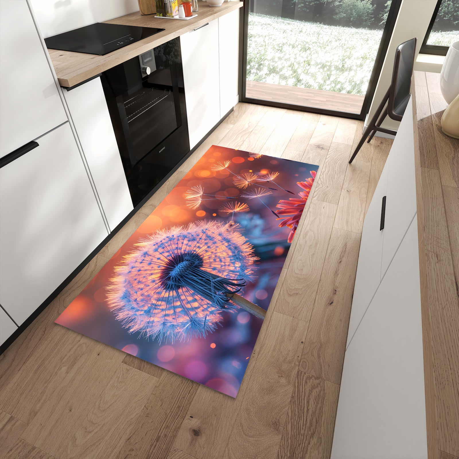 Schmutzabweisender Teppich für die Küche mit Motiv Pusteblumenglühen in moderner Küche