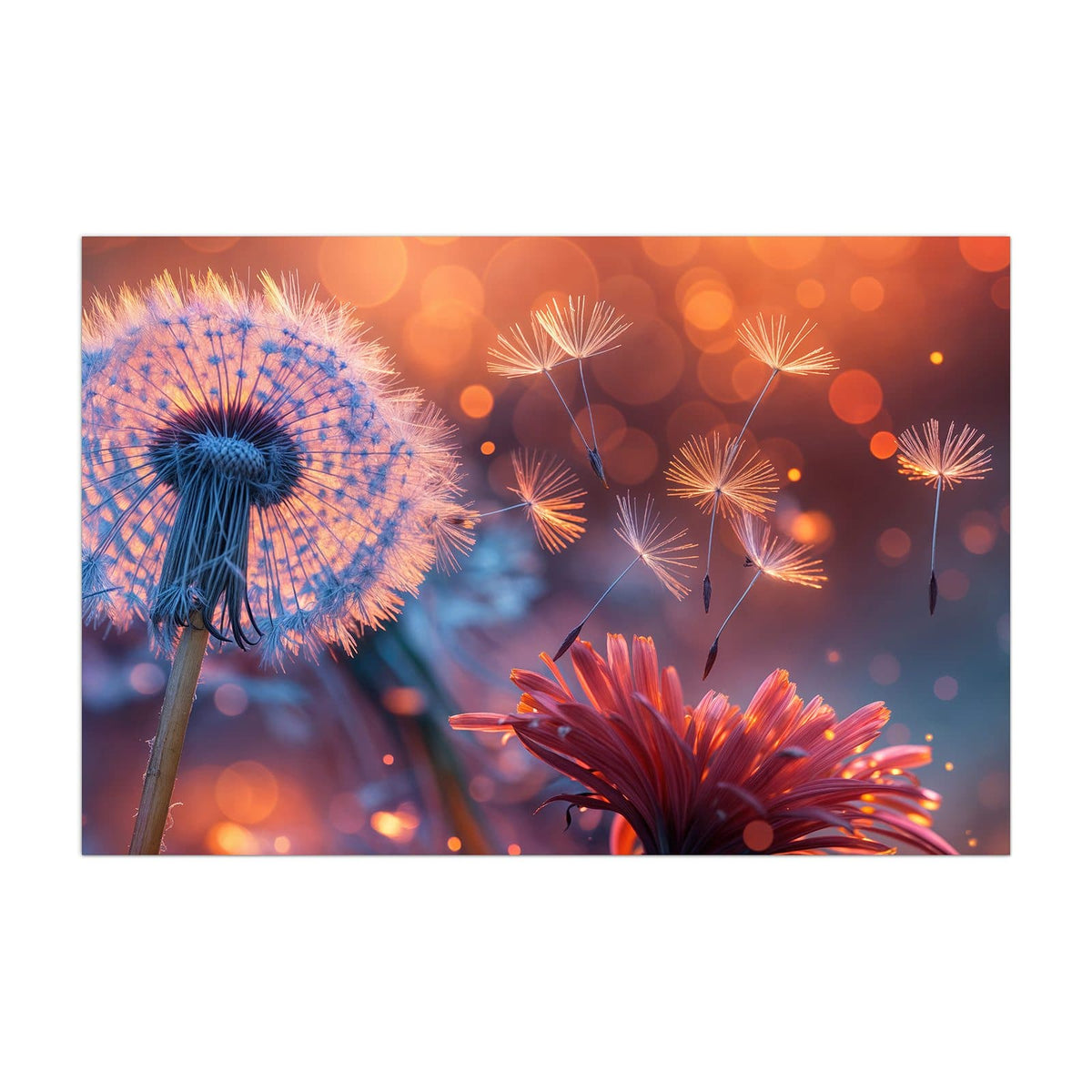 Küchenrückwand aus Glas Glühende Pusteblume im Hochformat, Motiv bildfüllend von vorn