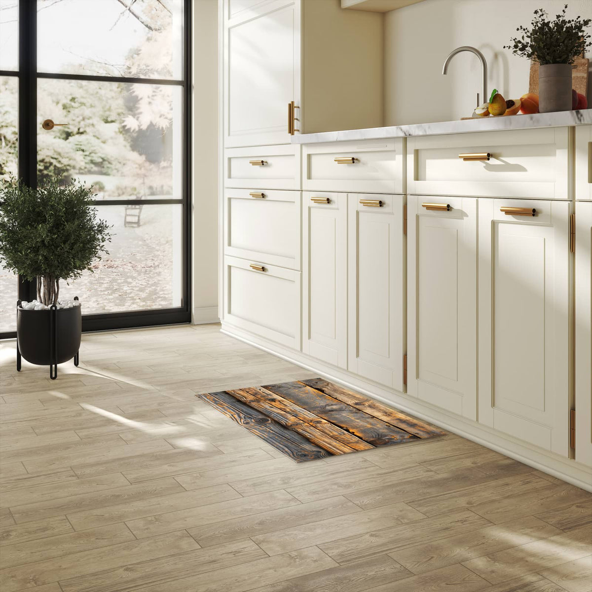 Formstabiler Küchenteppich mit Motiv Holzmuster Planken in heller Küche