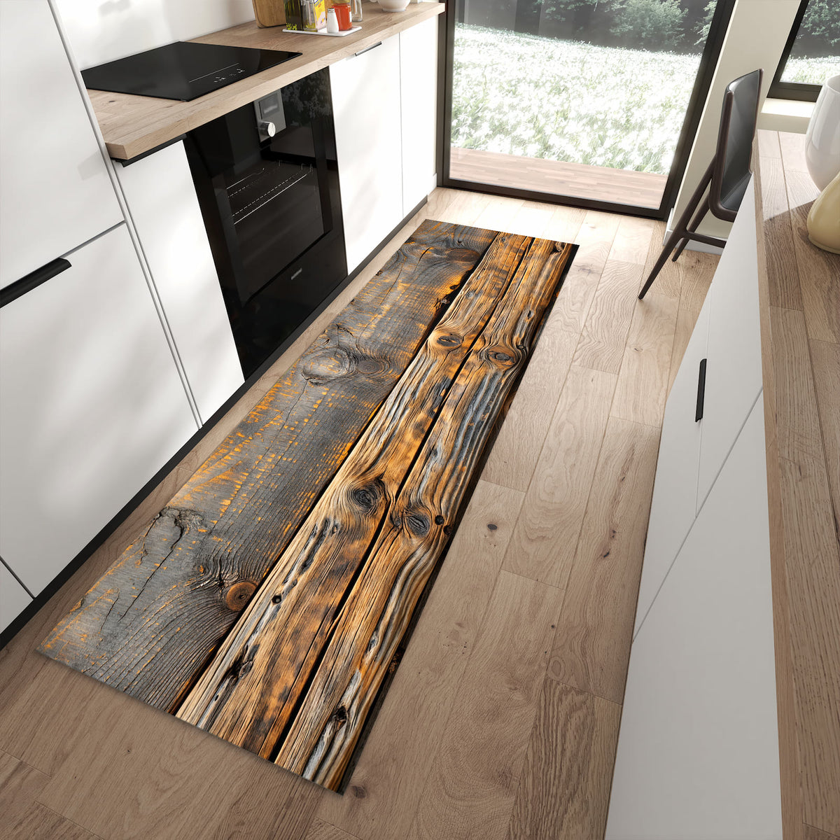 Langlebiger Küchenläufer mit Motiv Holzmuster Planken in moderner Küche