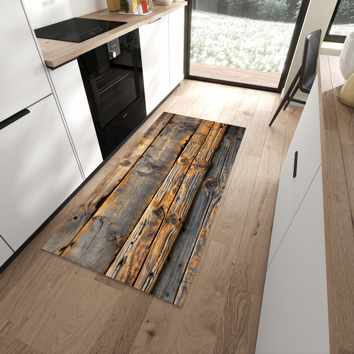 Bodenschonender rutschfester Küchenläufer mit Motiv Holzmuster Planken in moderner Küche