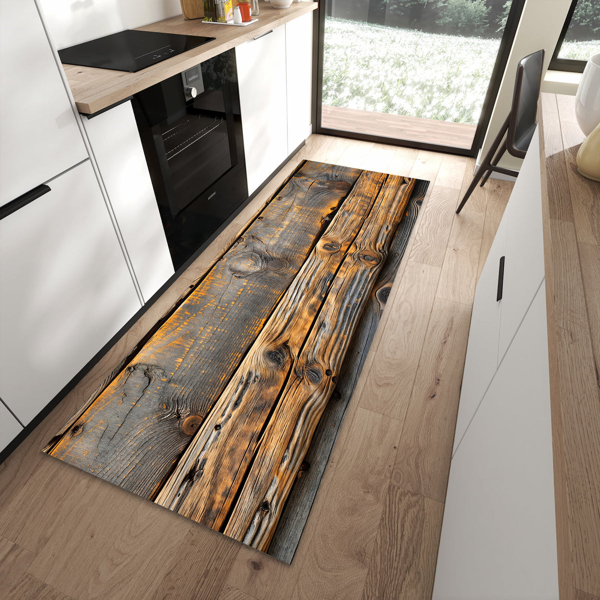 Waschbarer Küchenläufer mit Motiv Holzmuster Planken für Ordnung in moderner Küche
