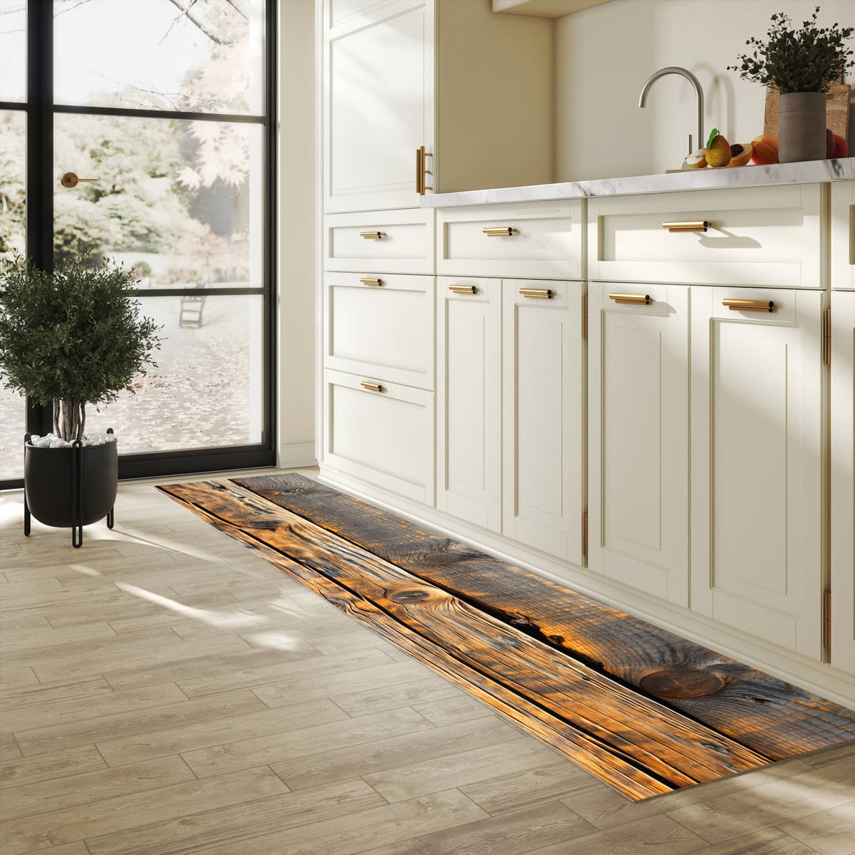 Farbbeständiger Küchenteppich mit Motiv Holzmuster Planken in heller Küche