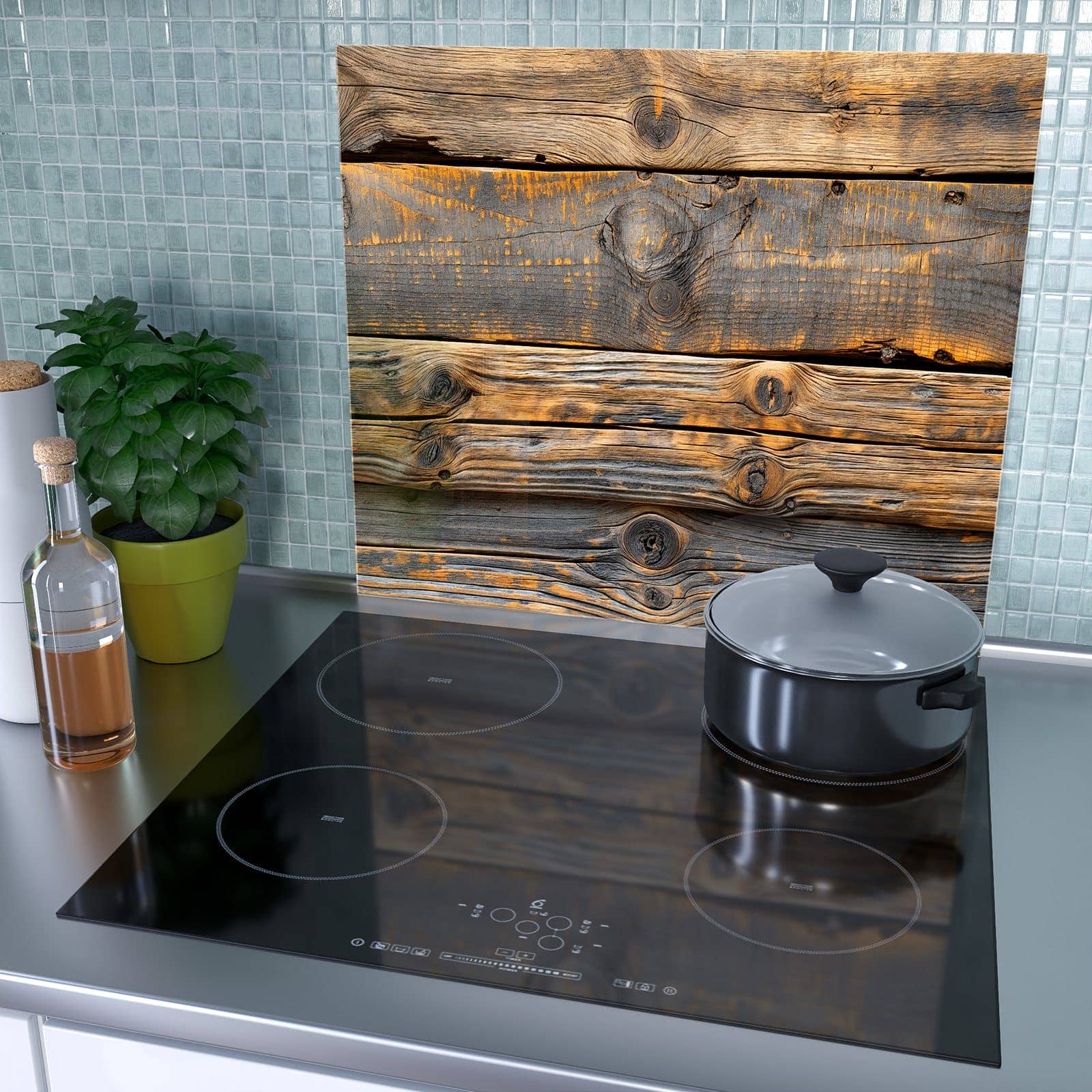 1-teilige Abdeckplatten für Herd mit Rustikale Holzplanken-Motiv als Spritzschutz hinter dem Kochfeld