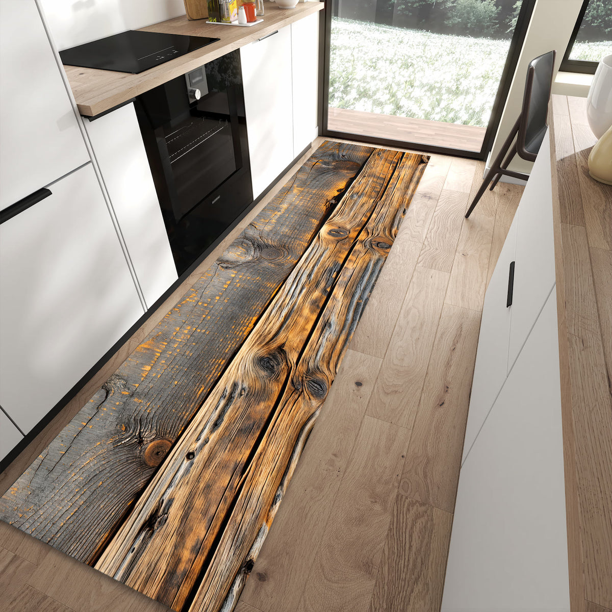 Feuchtigkeitsresistenter rutschfester Küchenläufer mit Motiv Holzmuster Planken in moderner Küche