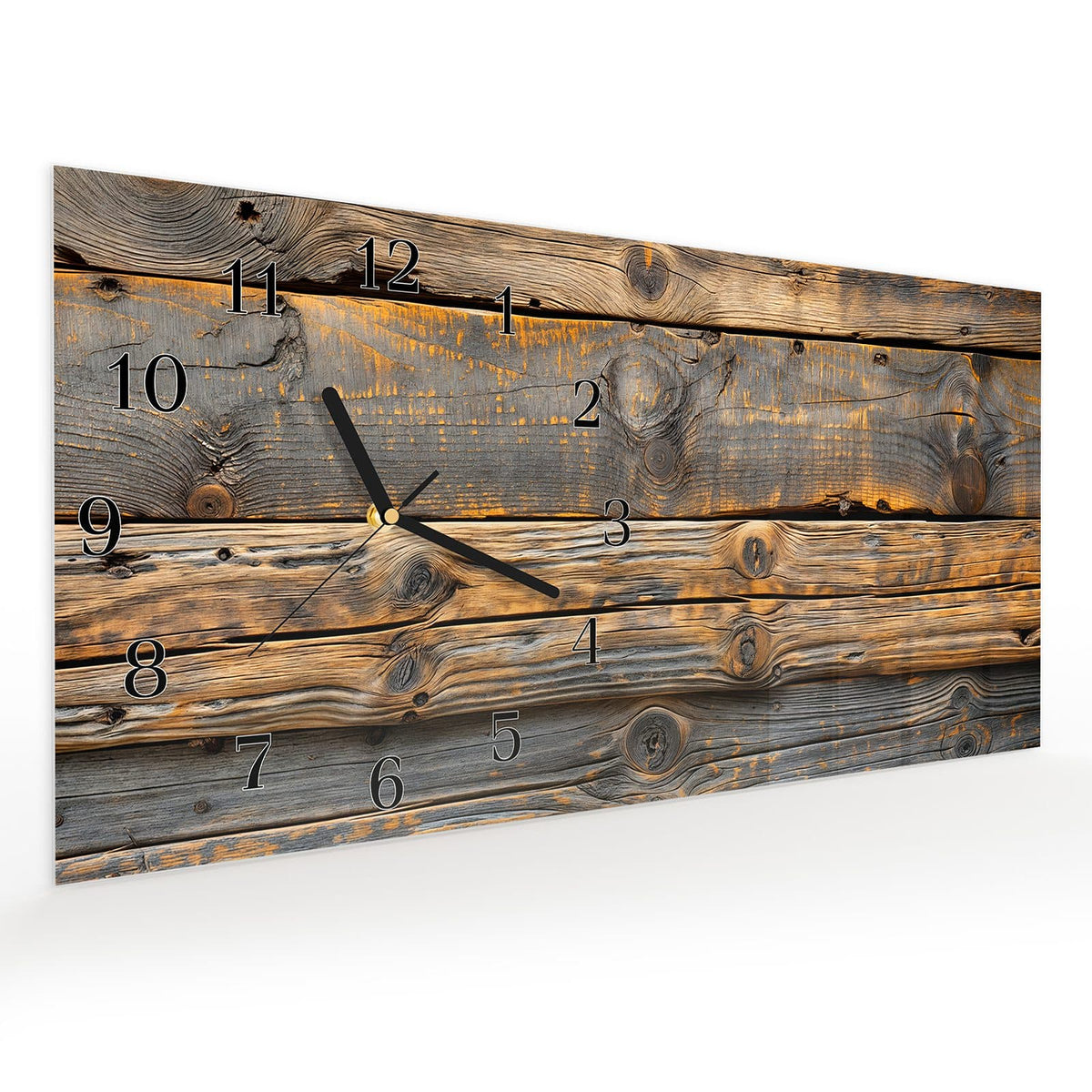 Vormontiert – mit Schwebeeffekt – Wanduhr Rustikale Holzplanken aus Glas – Querformat 60 × 30 cm