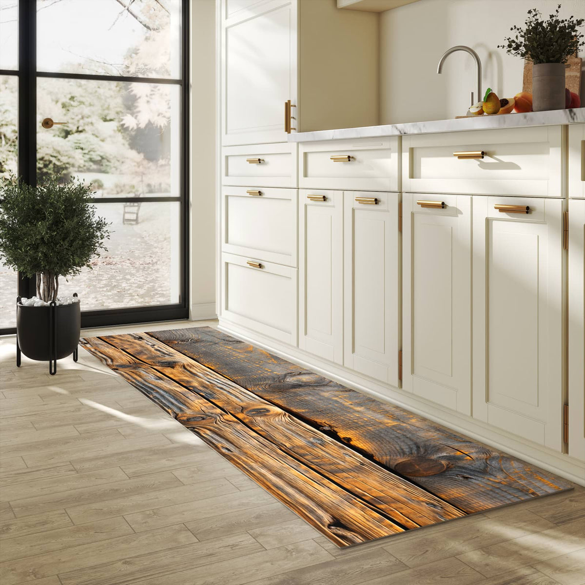 Geräuschdämpfender Küchenläufer mit Motiv Holzmuster Planken in heller Küche