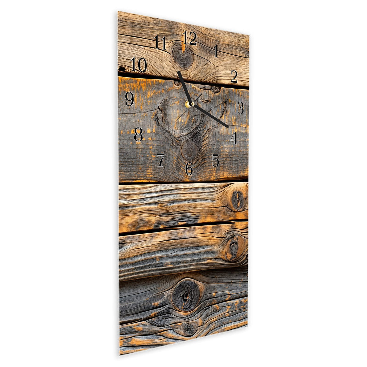 Vormontiert – mit Schwebeeffekt – Wanduhr Rustikale Holzplanken aus Glas – Hochformat 30 × 60 cm