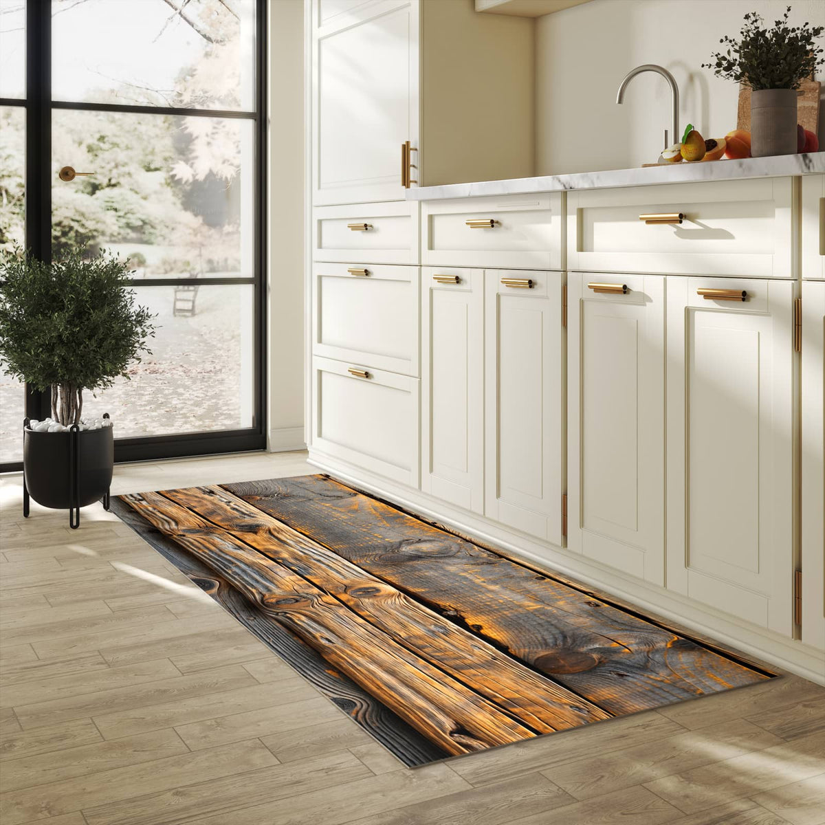 Waschbarer Küchenteppich mit Motiv Holzmuster Planken für Trittkomfort in heller Küche