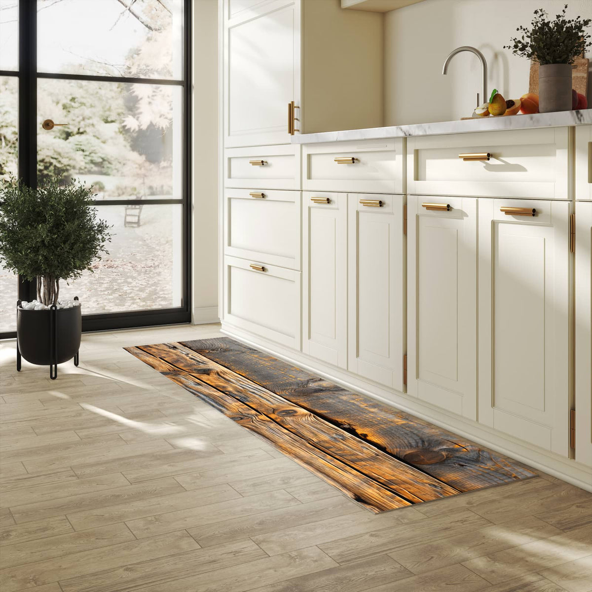 Küchenteppich mit Motiv Holzmuster Planken für Ordnung in heller Küche
