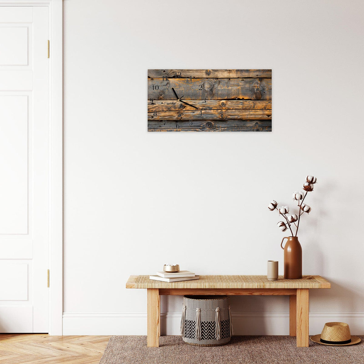 Moderne Wanduhr aus Glas mit Farbtiefe – Wanduhr Rustikale Holzplanken aus Glas – Querformat 60 × 30 cm