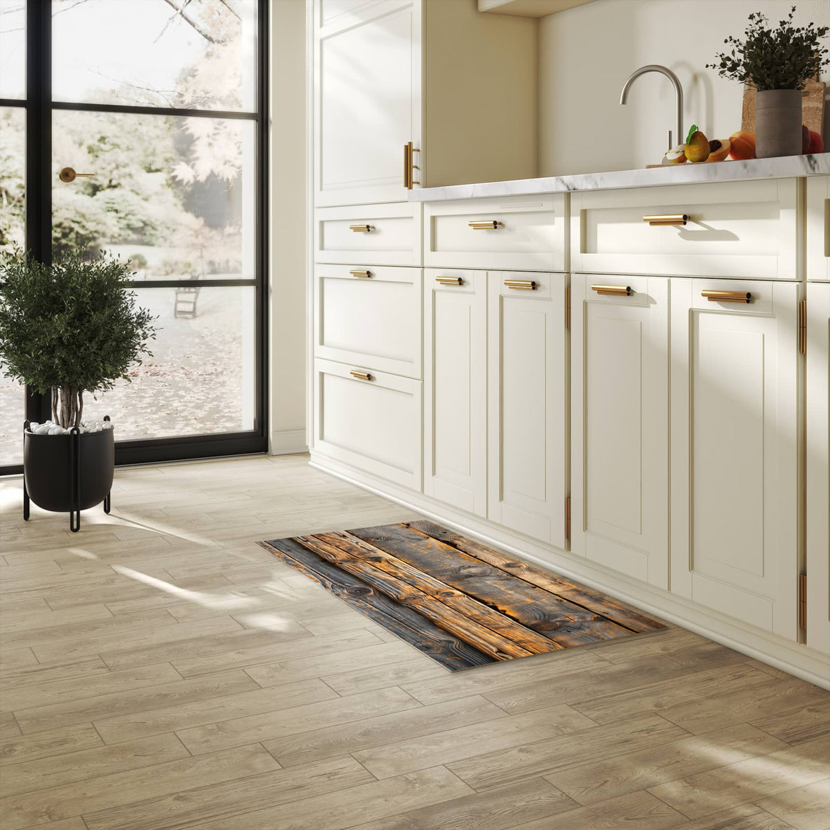 Rutschfester Küchenteppich mit Motiv Holzmuster Planken in heller Küche