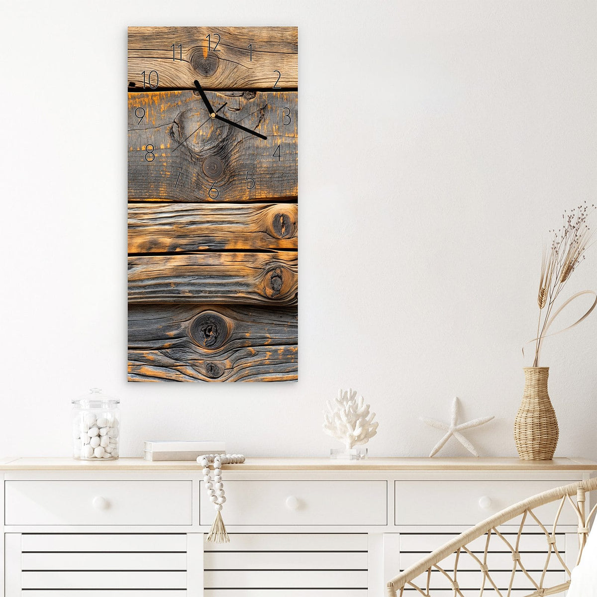 Wanduhr Rustikale Holzplanken aus Glas – Hochformat 30 × 60 cm – Verwitterte Holzplanken mit Astlöchern