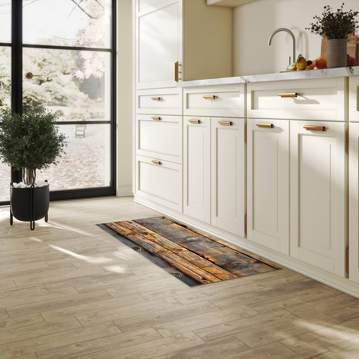 Feuchtigkeitsresistenter Teppich für Küche mit Motiv Holzmuster Planken in heller Küche