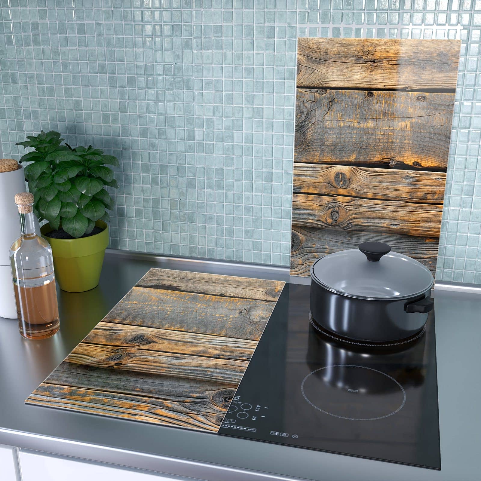 2-teilige Herdabdeckplatte mit Rustikale Holzplanken-Motiv als Spritzschutz hinter dem Kochfeld