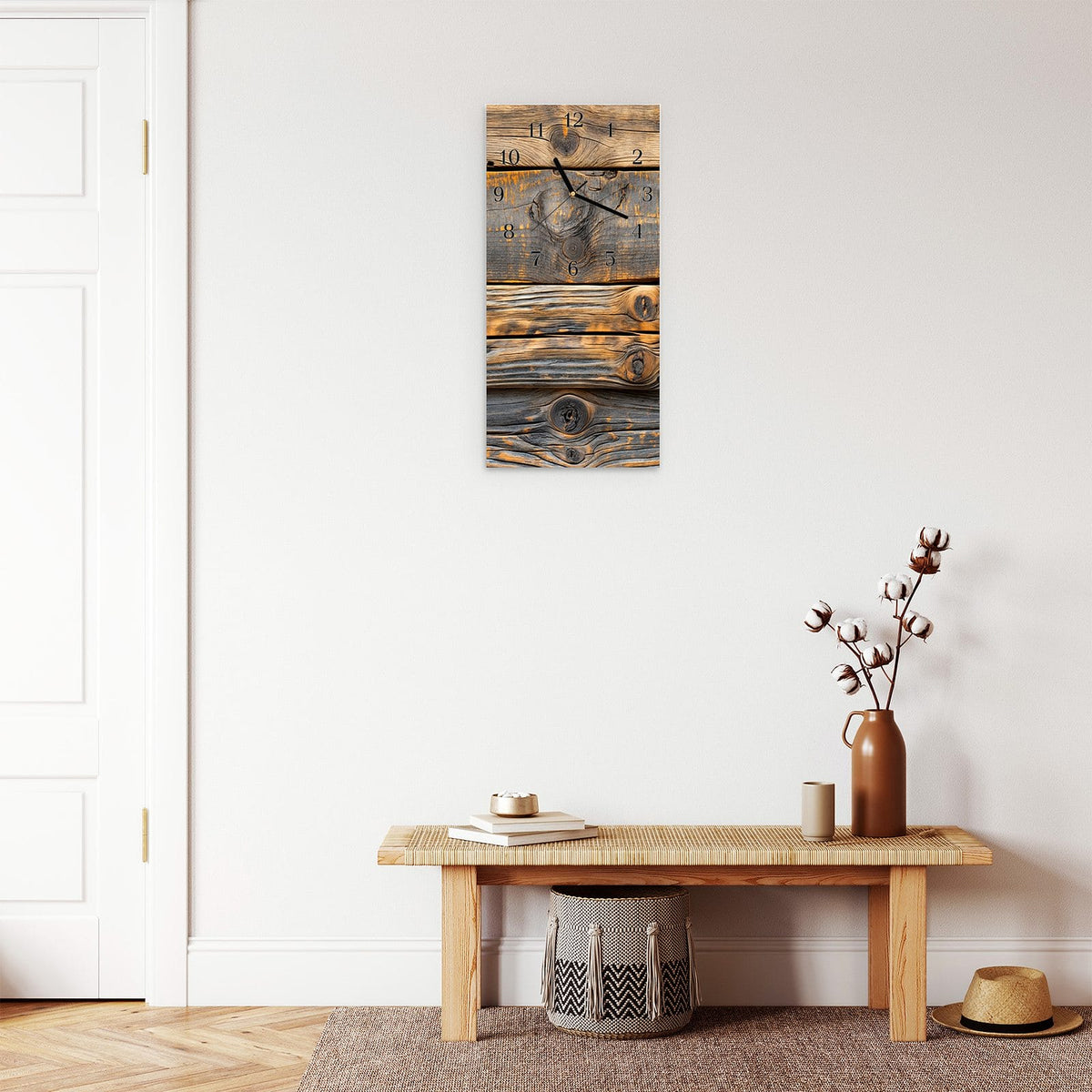 Moderne Wanduhr aus Glas mit Farbtiefe – Wanduhr Rustikale Holzplanken aus Glas – Hochformat 30 × 60 cm