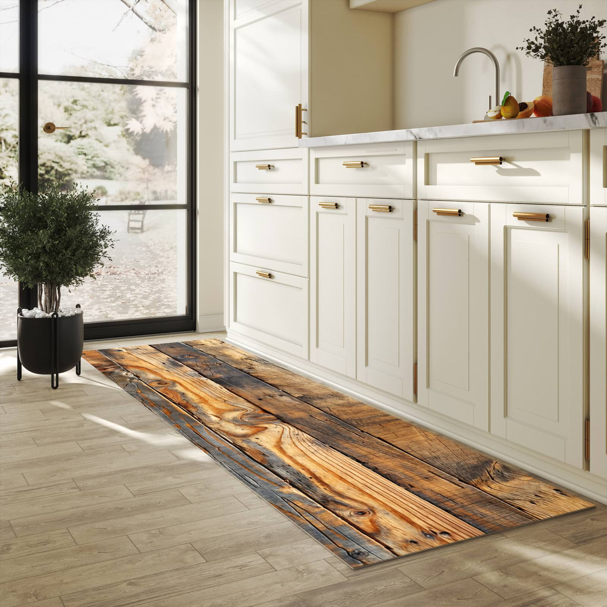 Hygienischer moderner Küchenläufer mit Motiv Holzwandoptik in heller Küche