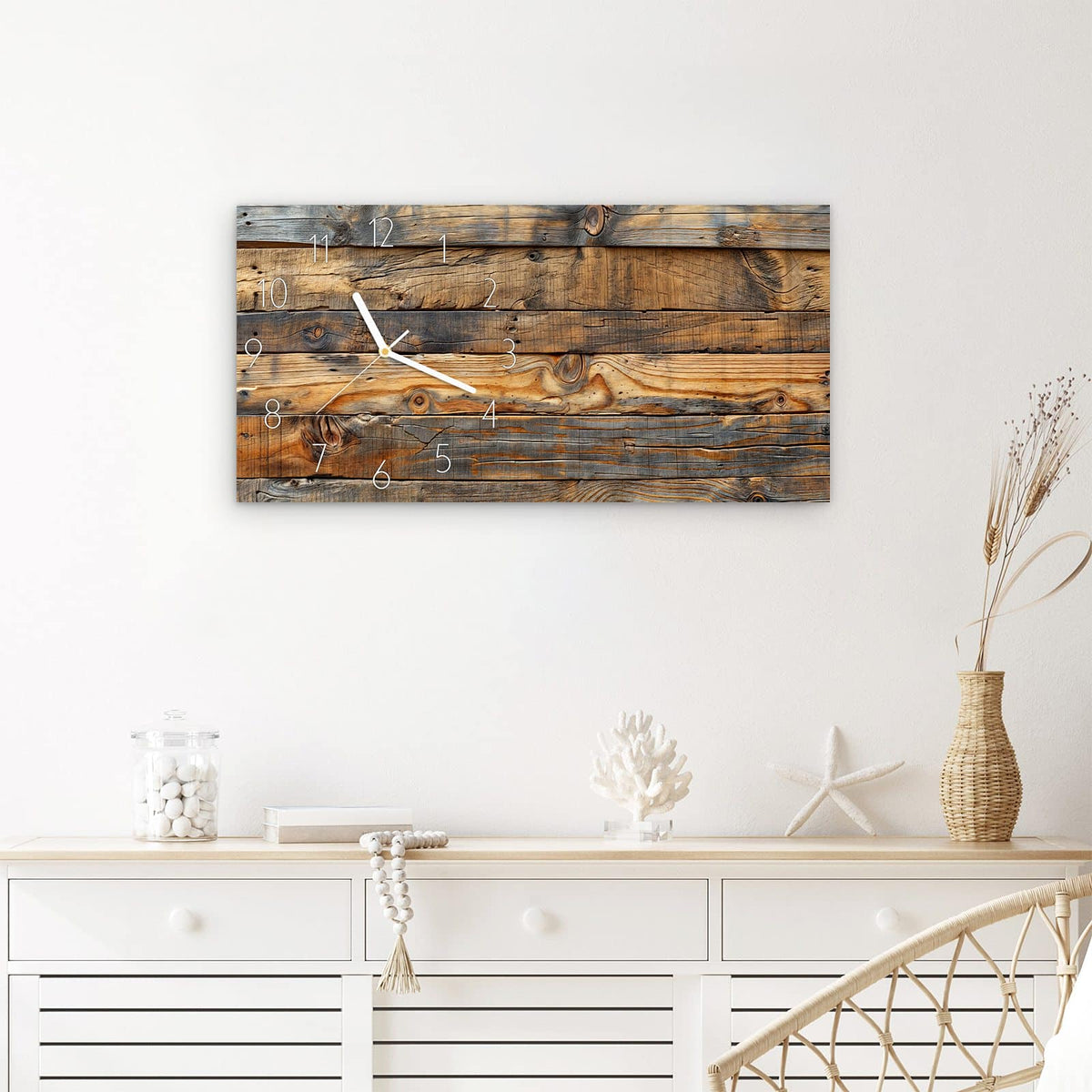Wanduhr Holzwandoptik aus Glas – Querformat 60 × 30 cm – Horizontale Planken in Braun und Grau