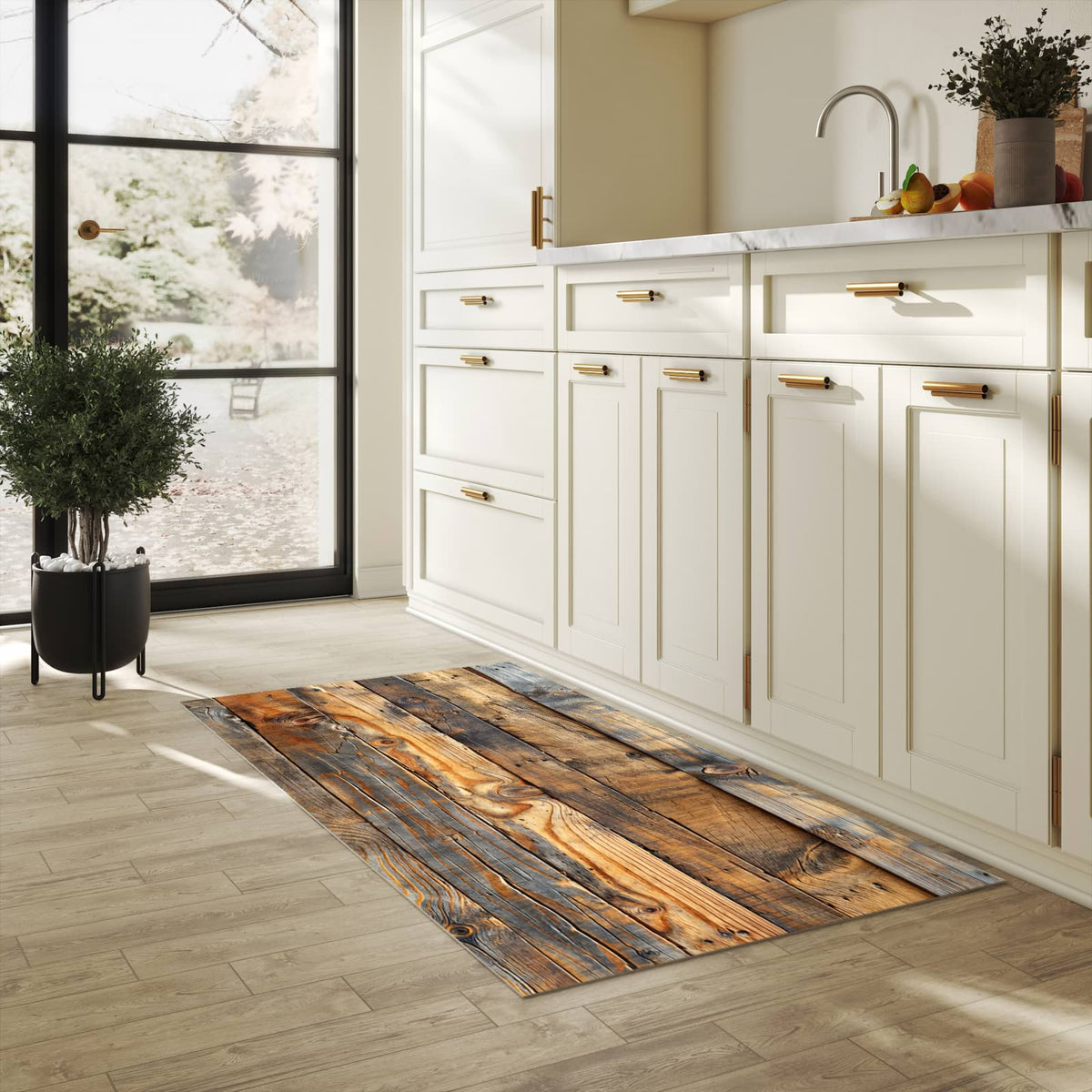 Abwaschbarer Küchenteppich mit Motiv Holzwandoptik in heller Küche