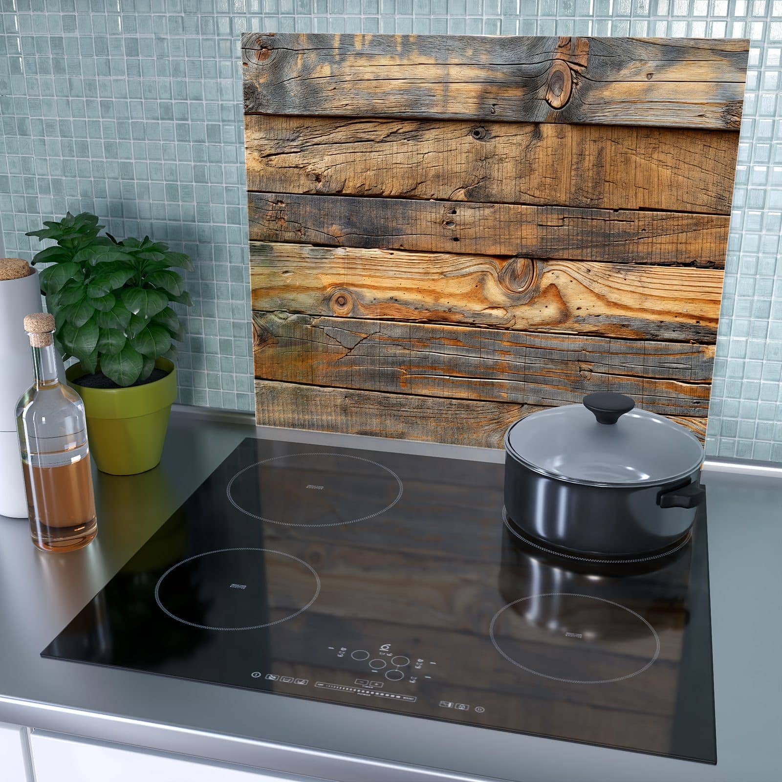1-teilige Herdabdeckplatte Induktion mit Holzwandoptik-Motiv als Spritzschutz hinter dem Kochfeld