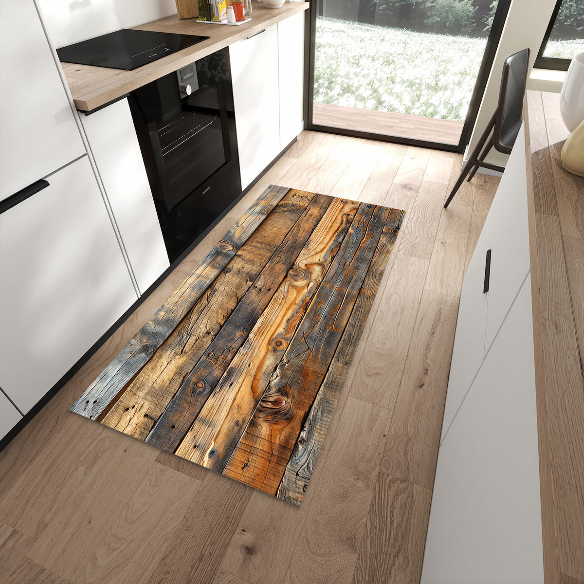 Langlebiger Küchenteppich mit Motiv Holzwandoptik in moderner Küche