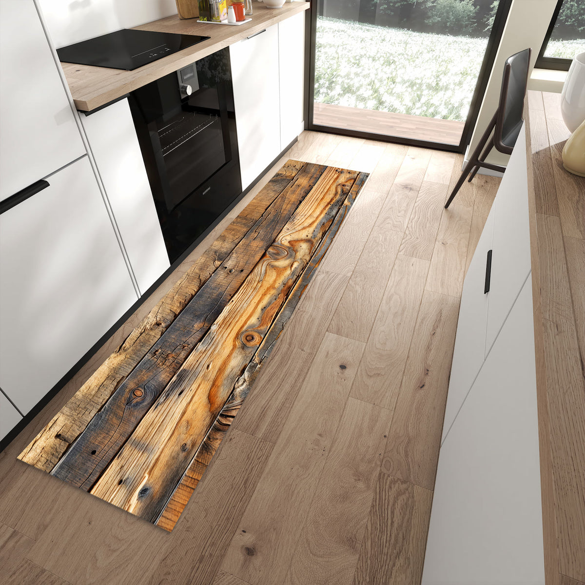 Geräuschdämpfender dünner Küchenteppich mit Motiv Holzwandoptik in moderner Küche