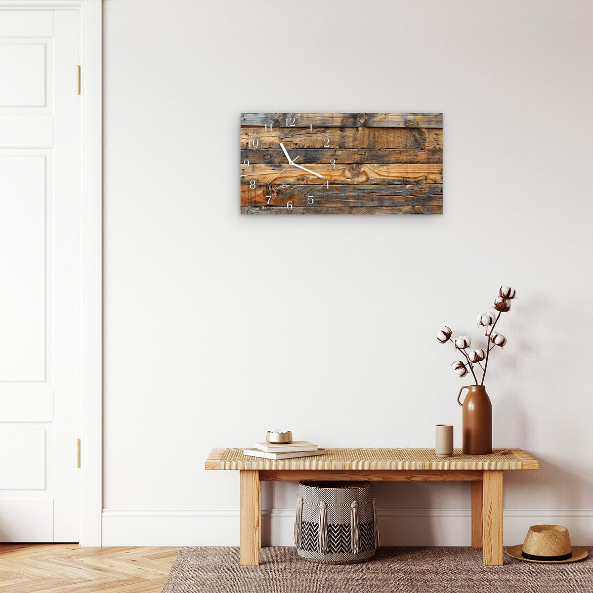 Moderne Wanduhr aus Glas mit Farbtiefe – Wanduhr Holzwandoptik aus Glas – Querformat 60 × 30 cm