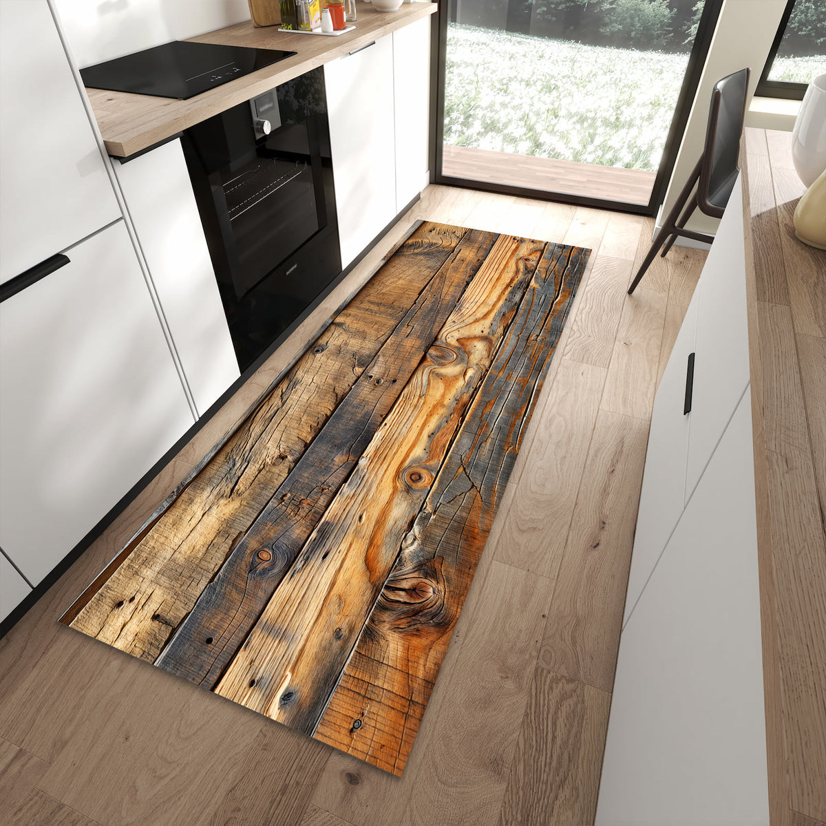 Flacher Küchenteppich mit Motiv Holzwandoptik in moderner Küche für rutschfesten Stand