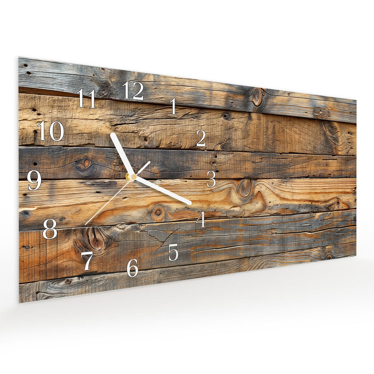 Vormontiert – mit Schwebeeffekt – Wanduhr Holzwandoptik aus Glas – Querformat 60 × 30 cm
