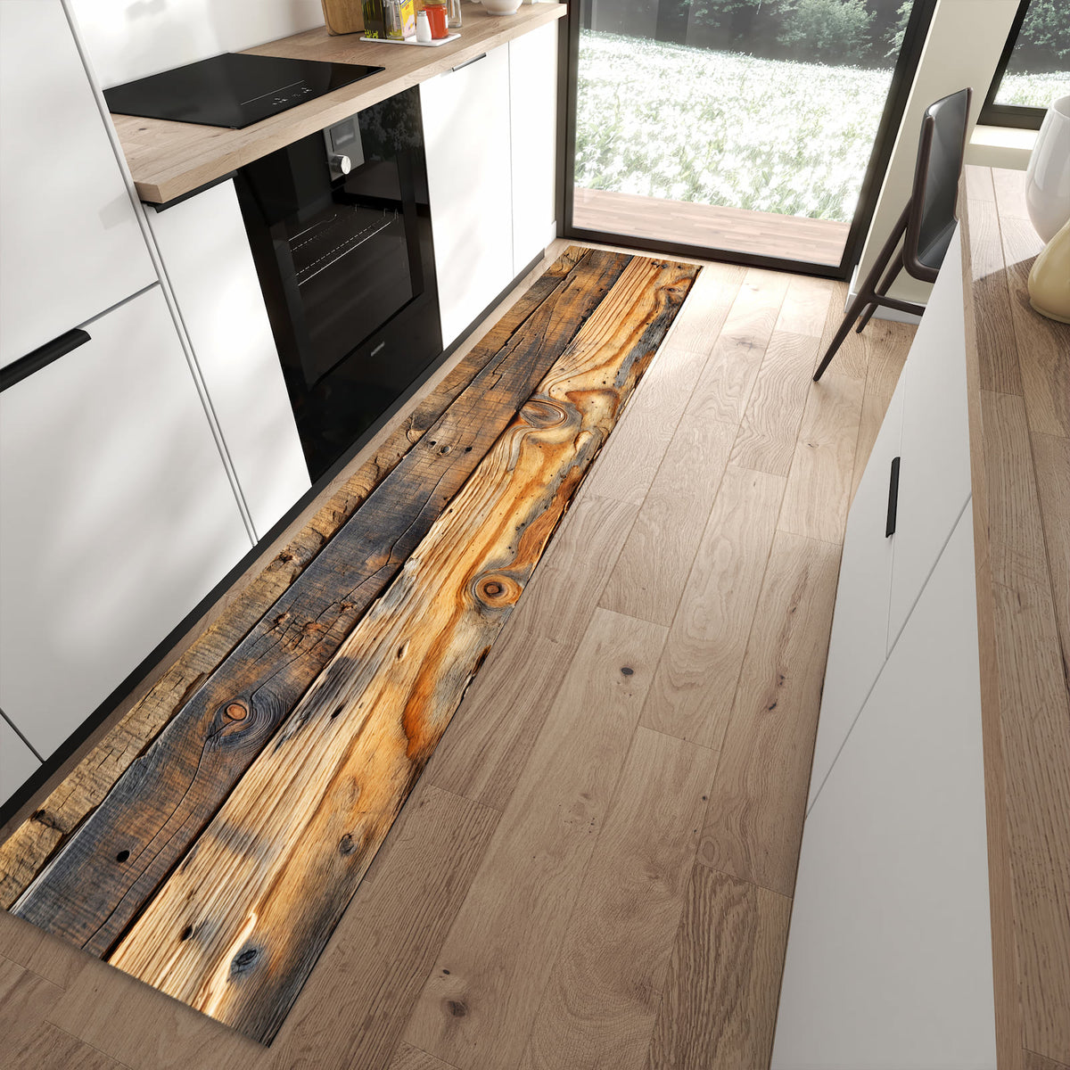 UV-beständiger waschbarer Teppich für Esstisch mit Motiv Holzwandoptik in moderner Küche