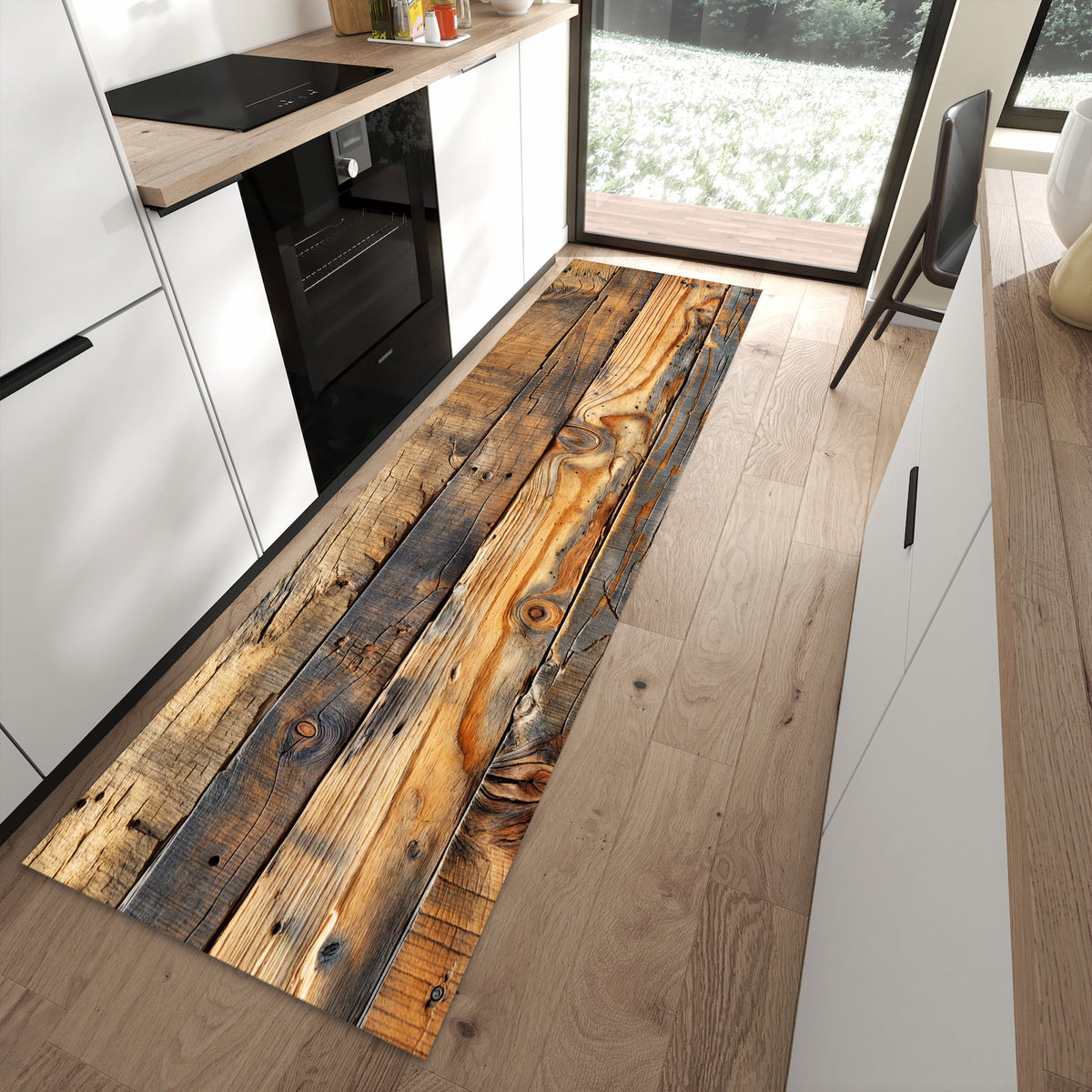 Schmutzabweisender Küchenteppich mit Motiv Holzwandoptik in moderner Küche