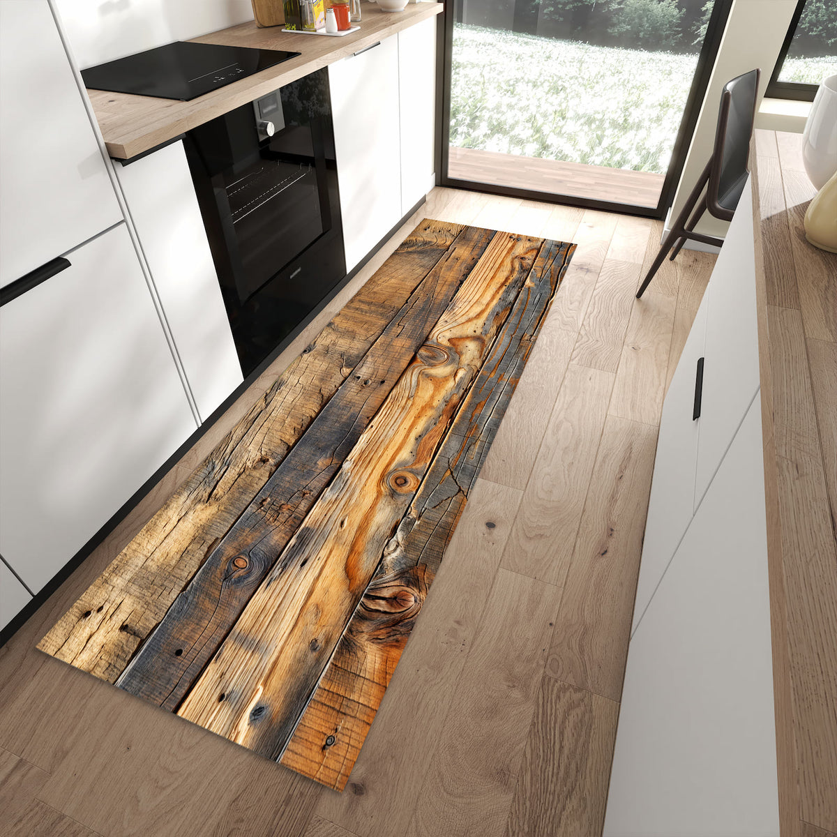 Fleckenresistenter Bodenläufer mit Motiv Holzwandoptik in moderner Küche