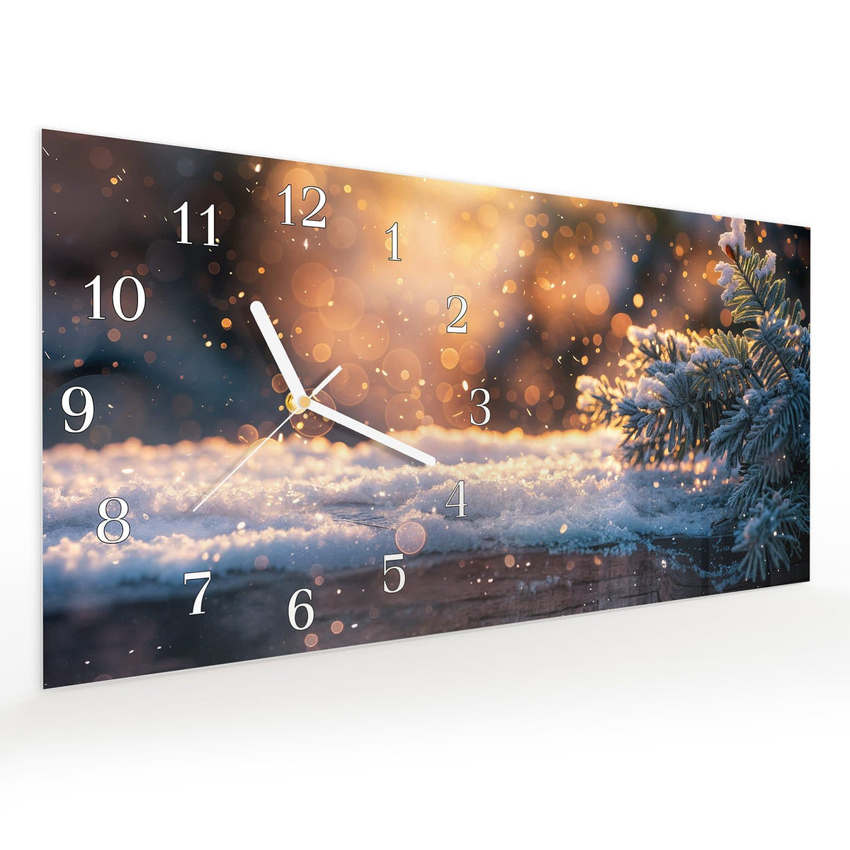 Vormontiert – mit Schwebeeffekt – Wanduhr Winterzweig Schnee aus Glas – Querformat 60 × 30 cm