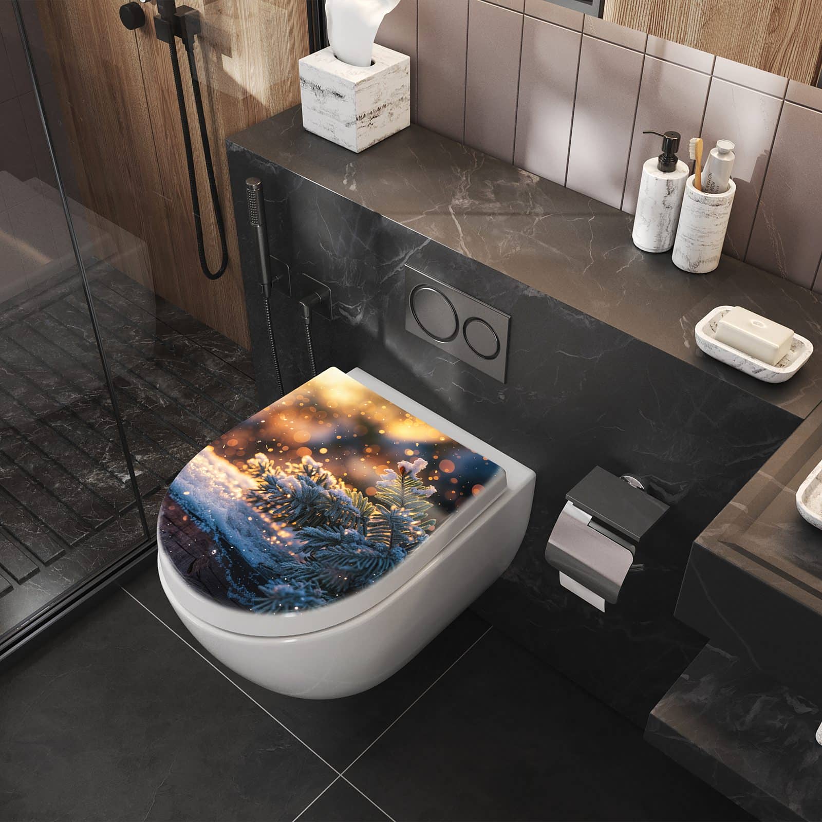 Glatter WC-Sitz mit Motiv Winterzweig Schnee im Badezimmer seitliche Perspektive