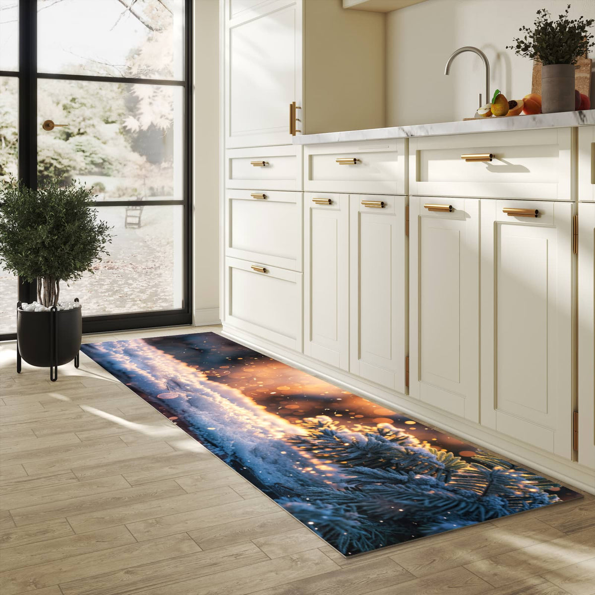 UV-beständiger Küchenteppich mit Motiv Winterzweig Schnee in heller Küche
