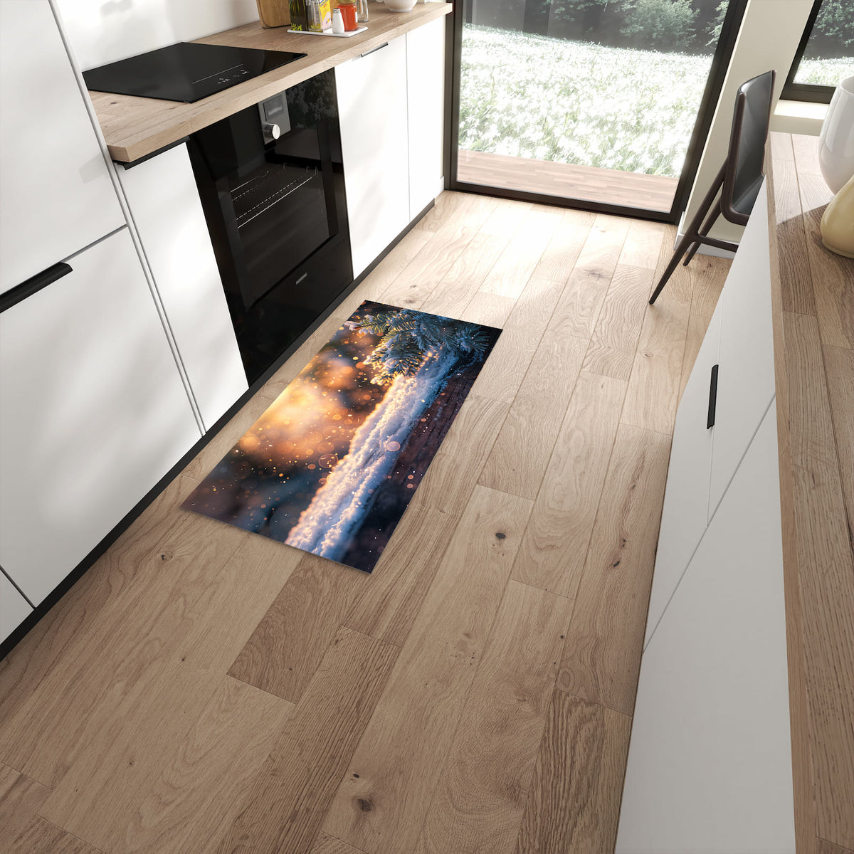 Rutschfester Küchenläufer mit Motiv Winterzweig Schnee in moderner Küche #grösse_60 x 120 cm