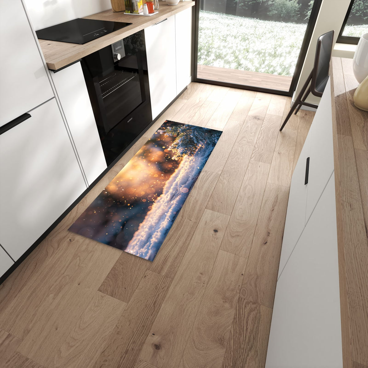 Pflegeleichter Küchenläufer mit Motiv Winterzweig Schnee in moderner Küche #grösse_60 x 150 cm
