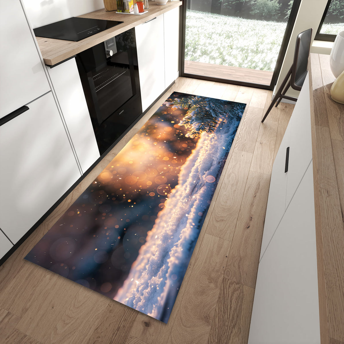 Farbbeständiger Läufer für den Eingangsbereich mit Motiv Winterzweig Schnee in moderner Küche