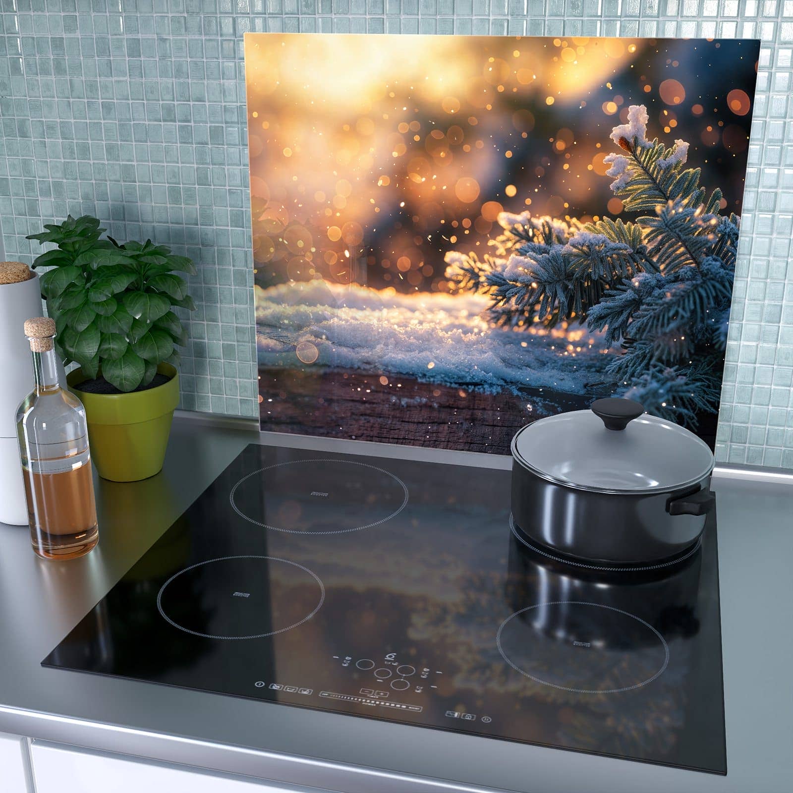 1-teilige Herdabdeckung aus Glas mit Winterzweig Schnee-Motiv als Spritzschutz hinter dem Kochfeld