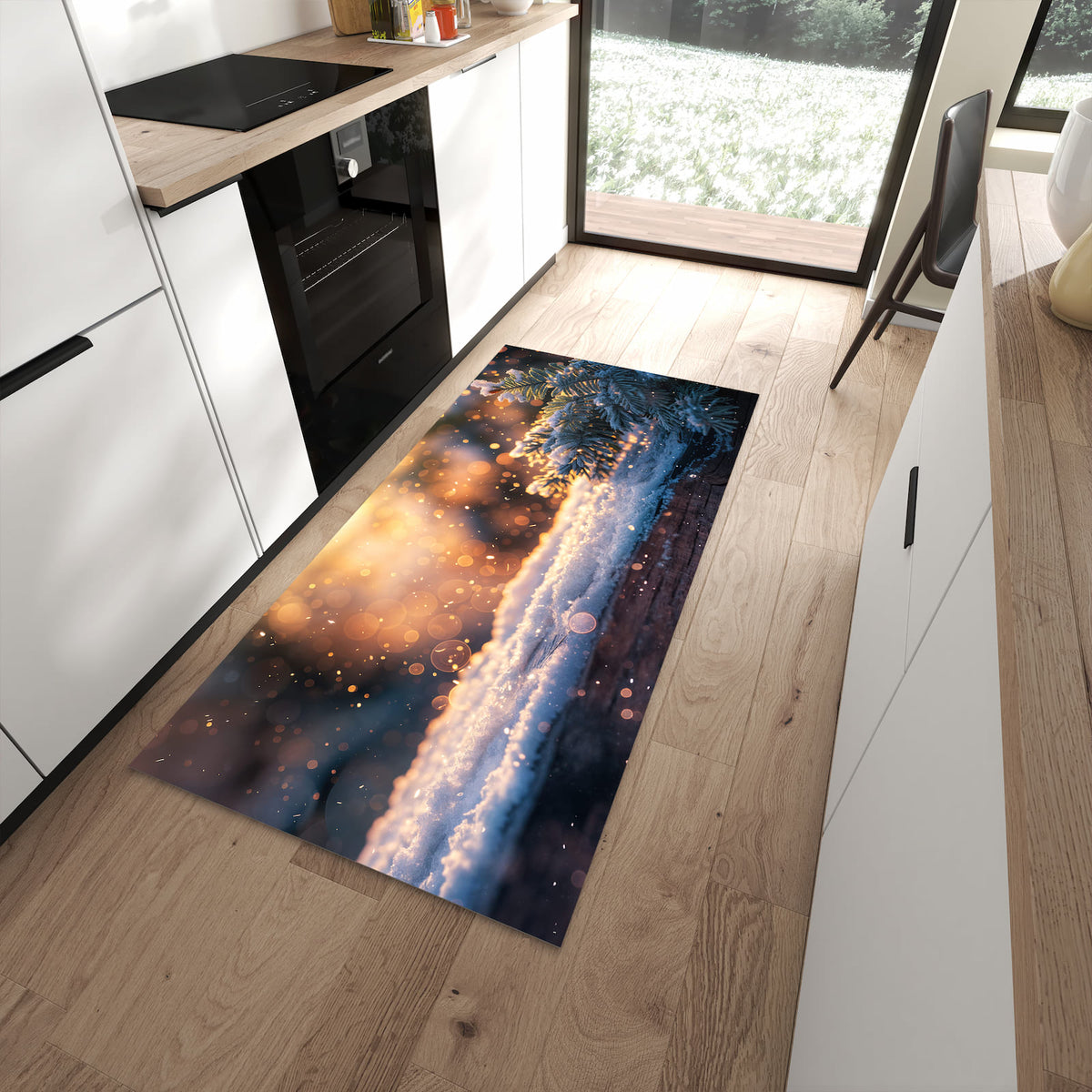 Bodenschonender langer Teppich mit Motiv Winterzweig Schnee in moderner Küche