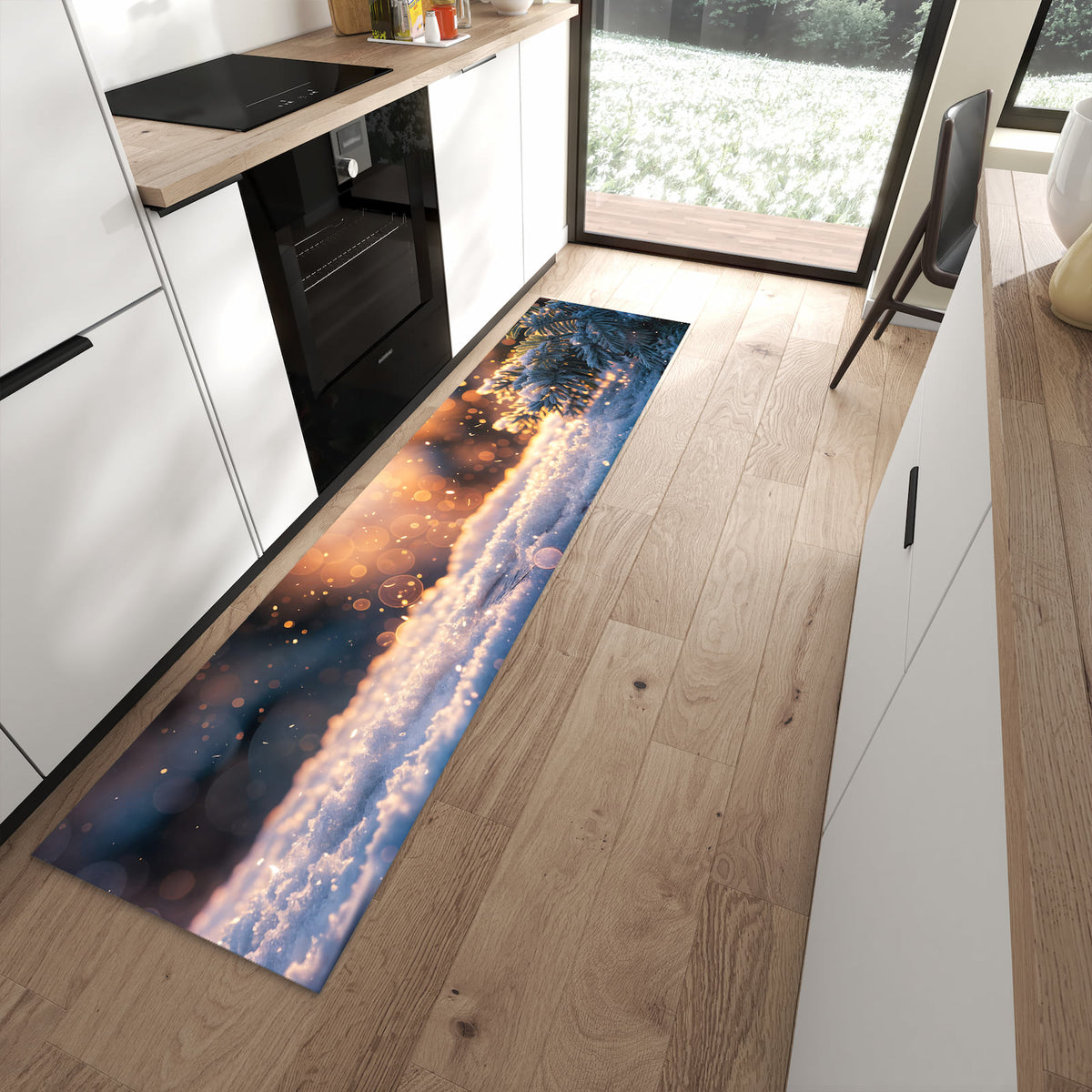 Hygienischer Küchenteppich mit Motiv Winterzweig Schnee in moderner Küche